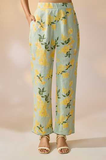 Ewoke_Multi Color Hemp Pearls V-neck Floral Top And Trouser Set _Online_at_Aza_Fashions