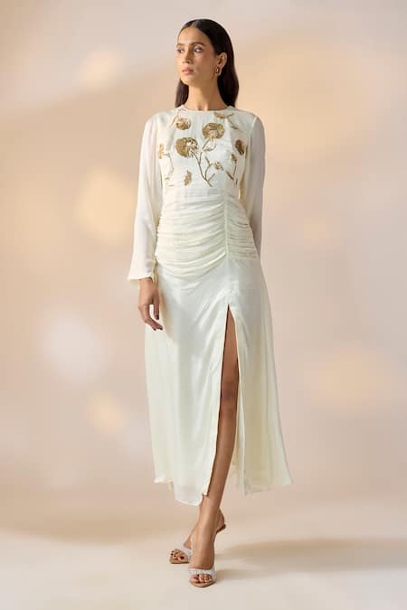 Ewoke Embellished Georgette Satin Ruched Maxi Dress  