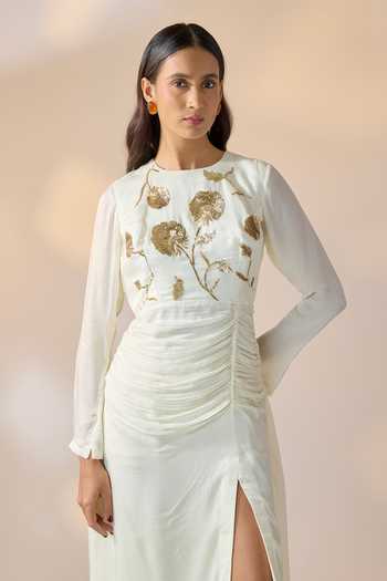 Ewoke_Ivory Georgette, Satin Sequins, Beads Round Neck Embellished Ruched Maxi Dress _Online_at_Aza_Fashions