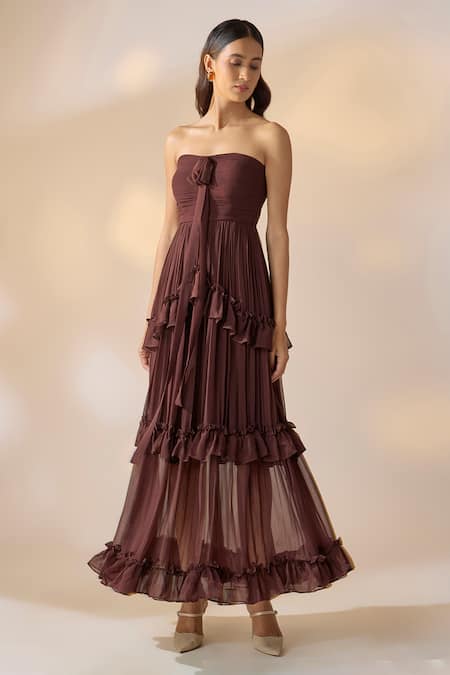 Ewoke Hand Pleated Georgette Strapless Dress 