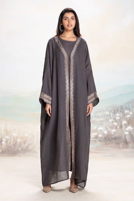 Kaveri_Grey Linen Studs Starlight Abaya Pant Set _Online_at_Aza_Fashions
