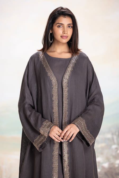 Buy_Kaveri_Grey Linen Studs Starlight Abaya Pant Set _Online_at_Aza_Fashions
