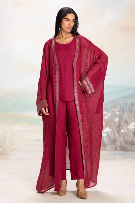 Kaveri_Pink Linen Studs Starlight Abaya Pant Set _Online_at_Aza_Fashions