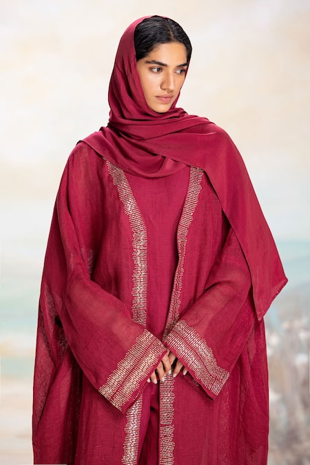 Buy_Kaveri_Pink Linen Studs Starlight Abaya Pant Set _Online_at_Aza_Fashions