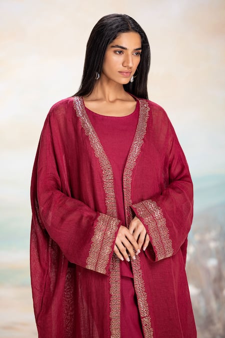 Shop_Kaveri_Pink Linen Studs Starlight Abaya Pant Set _Online_at_Aza_Fashions