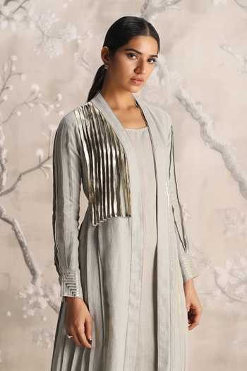 Shop Kaveri Blue Linen Foil Printing Pleated Abaya And Dress Set Online at Aza Fashions Shop_Kaveri_Blue Linen Foil Printing Pleated Abaya And Dress Set _Online_at_Aza_Fashions