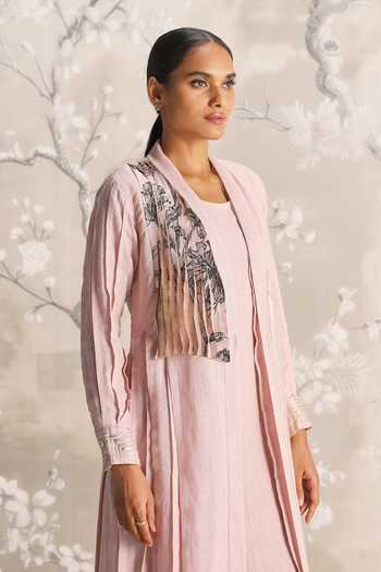Shop_Kaveri_Pink Linen Round , Shawl Its Just An Illusion Pleated Abaya And Dress Set _Online_at_Aza_Fashions