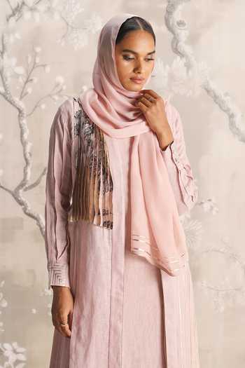 Kaveri_Pink Linen Round , Shawl Its Just An Illusion Pleated Abaya And Dress Set _at_Aza_Fashions
