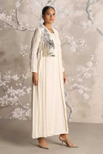 Kaveri_Beige Linen Embroidery, Pearls, Its Just An Illusion Pleated Abaya And Dress Set _Online_at_Aza_Fashions