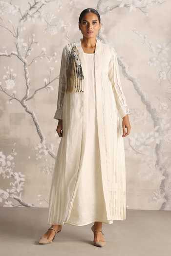 Buy_Kaveri_Beige Linen Embroidery, Pearls, Its Just An Illusion Pleated Abaya And Dress Set _Online_at_Aza_Fashions