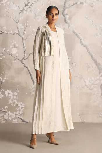 Shop_Kaveri_Beige Linen Embroidery, Pearls, Its Just An Illusion Pleated Abaya And Dress Set _Online_at_Aza_Fashions