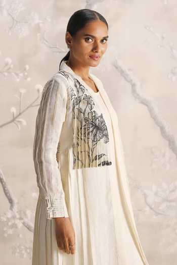 Kaveri_Beige Linen Embroidery, Pearls, Its Just An Illusion Pleated Abaya And Dress Set _at_Aza_Fashions