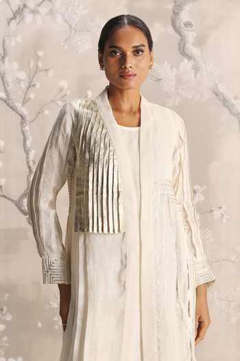 Shop_Kaveri_Beige Linen Embroidery, Pearls, Its Just An Illusion Pleated Abaya And Dress Set 