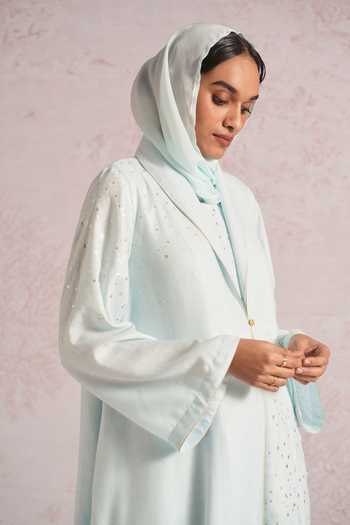 Kaveri_Blue Linen Sequins, Beads, Zari, Embroidery Shimmer Strings Abaya And Dress Set _Online_at_Aza_Fashions