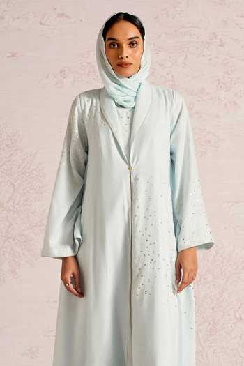 Buy_Kaveri_Blue Linen Sequins, Beads, Zari, Embroidery Shimmer Strings Abaya And Dress Set _Online_at_Aza_Fashions