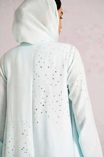 Shop_Kaveri_Blue Linen Sequins, Beads, Zari, Embroidery Shimmer Strings Abaya And Dress Set _Online_at_Aza_Fashions