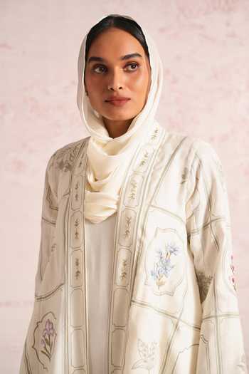 Kaveri_White Linen Embroidery High Neck, Shawl Neck, Garden Gallery Abaya And Dress Set _Online_at_Aza_Fashions