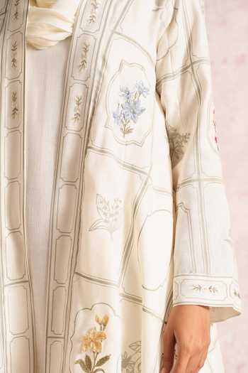 Buy_Kaveri_White Linen Embroidery High Neck, Shawl Neck, Garden Gallery Abaya And Dress Set _Online_at_Aza_Fashions