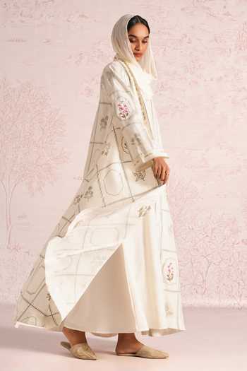 Shop_Kaveri_White Linen Embroidery High Neck, Shawl Neck, Garden Gallery Abaya And Dress Set _Online_at_Aza_Fashions