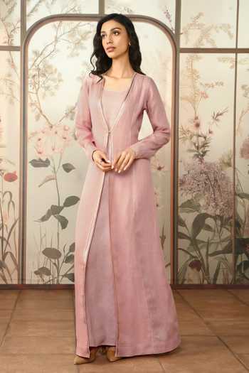 Kaveri_Pink Linen Foil Printing Round Neck, Gilded Edge Abaya And Dress Set _Online_at_Aza_Fashions