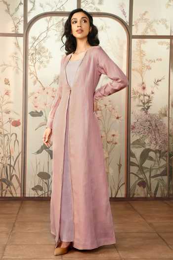 Buy_Kaveri_Pink Linen Foil Printing Round Neck, Gilded Edge Abaya And Dress Set _Online_at_Aza_Fashions