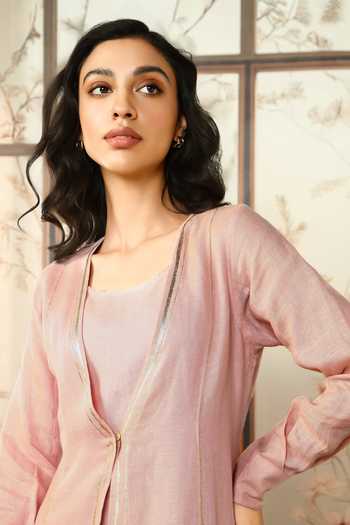 Shop_Kaveri_Pink Linen Foil Printing Round Neck, Gilded Edge Abaya And Dress Set _Online_at_Aza_Fashions