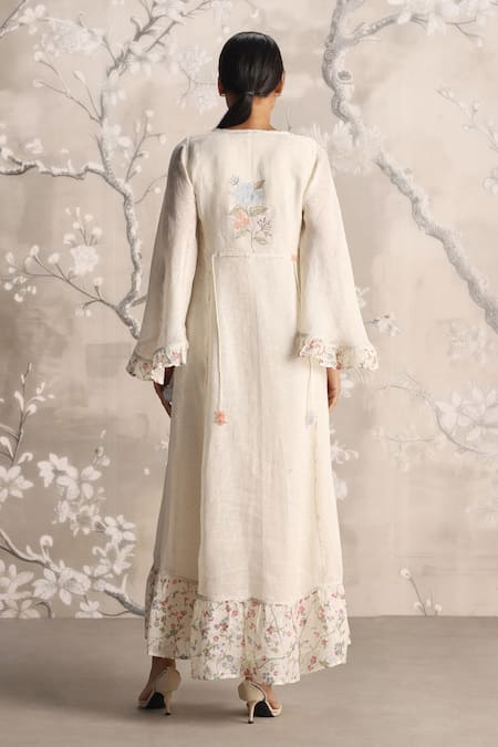 Kaveri Hydrangea Bed Of Roses Embroidered Linen Dress 