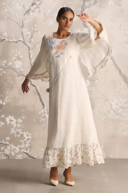 Kaveri Hydrangea Bed Of Roses Embroidered Linen Dress 
