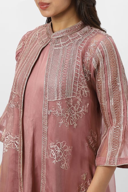 Buy_Kaveri_Pink Linen Embroidery Heart Strings Jacket And Dress Set _Online_at_Aza_Fashions