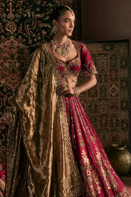 Buy_Prevasu_Maroon Silk, Brocade, Tissue Embroidery, Sequins, Zari Devi Bridal Lehenga Set _Online_at_Aza_Fashions