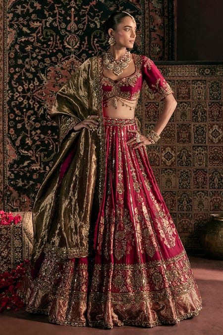 Buy_Prevasu_Maroon Silk, Brocade, Tissue Embroidery, Sequins, Zari Devi Bridal Lehenga Set 