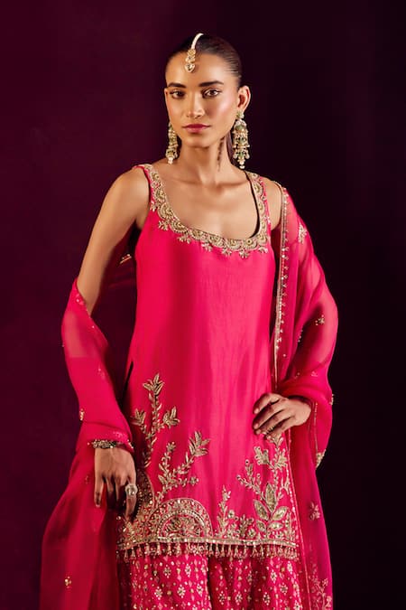 Prevasu_Pink Chanderi, Silk, Brocade, Organza Embroidery, Zari Kurta Sharara Set _Online_at_Aza_Fashions