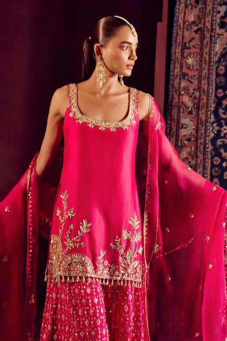 Prevasu_Pink Chanderi, Silk, Brocade, Organza Embroidery, Zari Kurta Sharara Set _at_Aza_Fashions