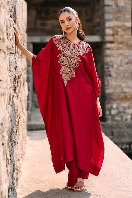 Jayanti Reddy Zooli Threadwork Silk Kaftan & Palazzo Set 