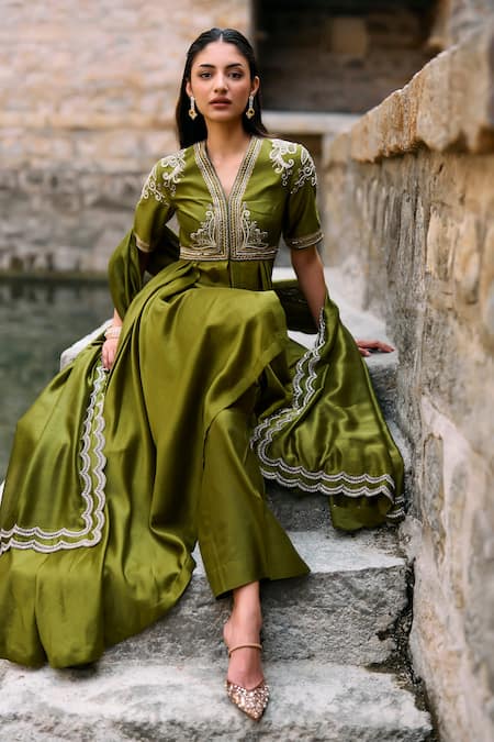 Jayanti Reddy Owl Embroidered Silk Anarkali Set 