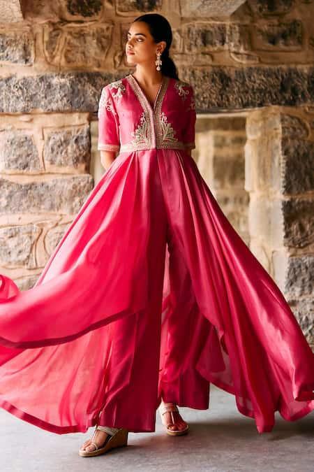 Jayanti Reddy Owl Zardosi Embroidered Silk Anarkali & Palazzo Set 