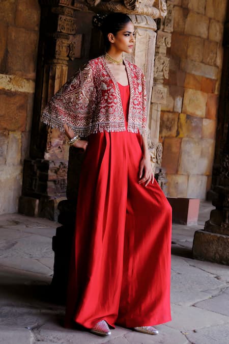 Jayanti Reddy Silk Jumpsuit & Embroidered Cape Set 