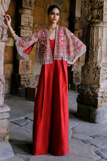 Jayanti Reddy Silk Jumpsuit & Embroidered Cape Set 