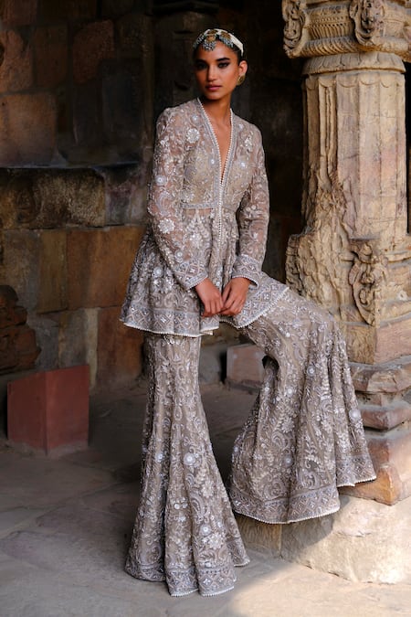 Jayanti Reddy Alana Zari Embroidered Peplum Tunic & Sharara Set 