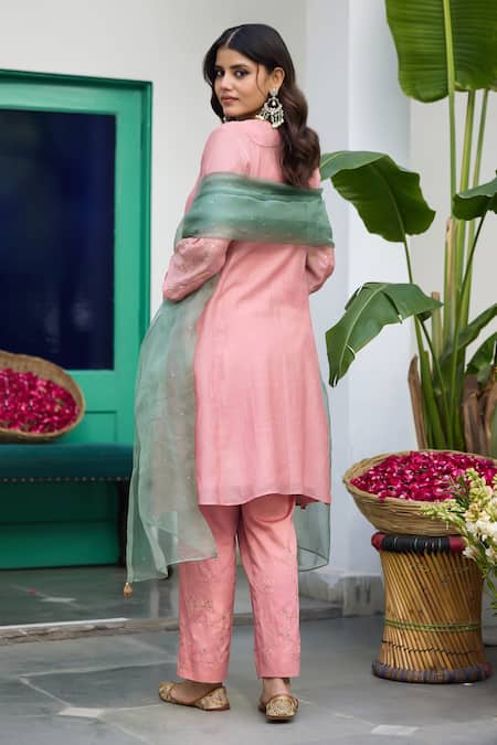 Trendy Tokari Silk Chanderi Straight Kurta Pant Set 