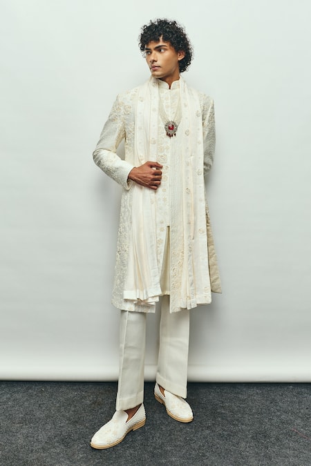 Jigar & Nikita Paris White Monotone Embroidered Sherwani Set 