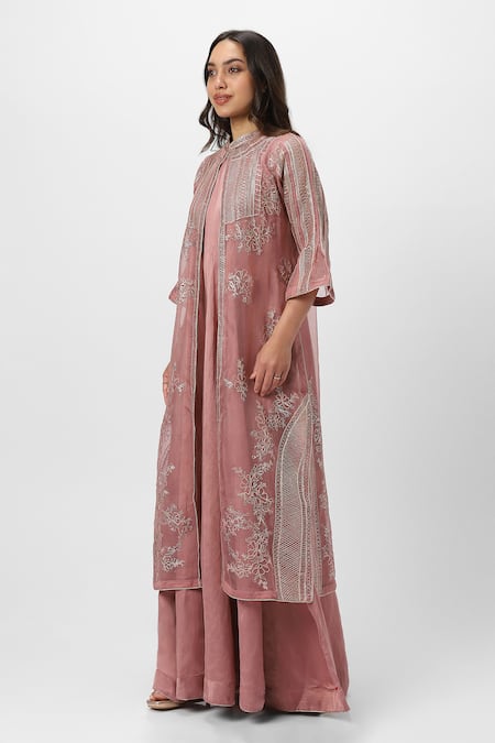 Kaveri_Pink Linen Embroidery Heart Strings Jacket And Dress Set _Online_at_Aza_Fashions