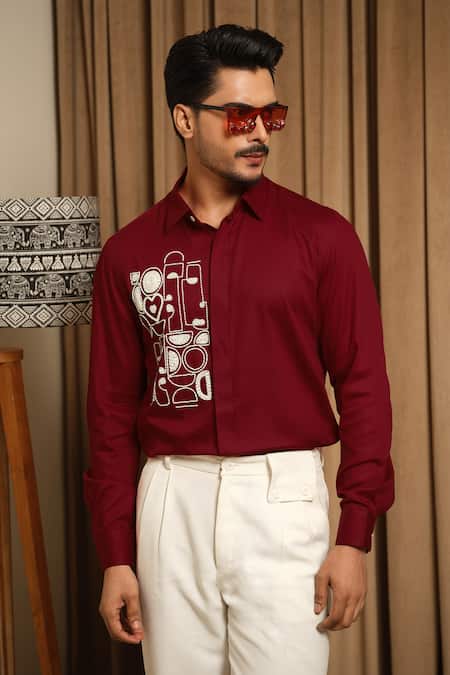 Runit Gupta_Red Vegan Silk Embroidery Artbeat Pattern Shirt _Online_at_Aza_Fashions