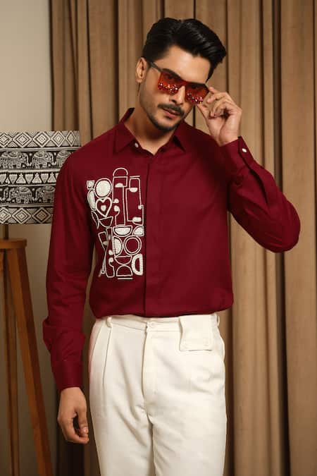 Buy_Runit Gupta_Red Vegan Silk Embroidery Artbeat Pattern Shirt _Online_at_Aza_Fashions