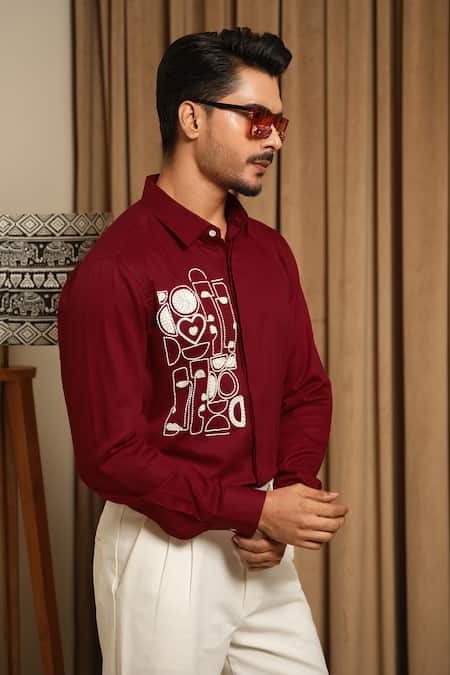 Shop_Runit Gupta_Red Vegan Silk Embroidery Artbeat Pattern Shirt _Online_at_Aza_Fashions