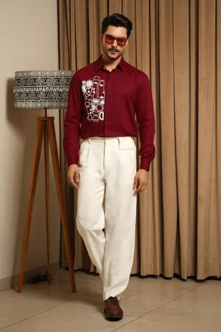 Runit Gupta_Red Vegan Silk Embroidery Artbeat Pattern Shirt _at_Aza_Fashions