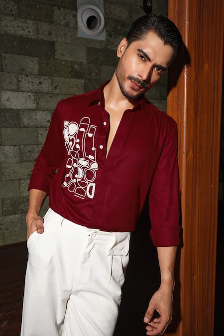 Buy_Runit Gupta_Red Vegan Silk Embroidery Artbeat Pattern Shirt 