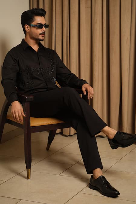 Runit Gupta_Black Vegan Silk Embroidery, Beads Midnight Maze Shirt _Online_at_Aza_Fashions