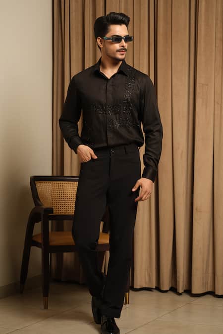 Buy_Runit Gupta_Black Vegan Silk Embroidery, Beads Midnight Maze Shirt _Online_at_Aza_Fashions