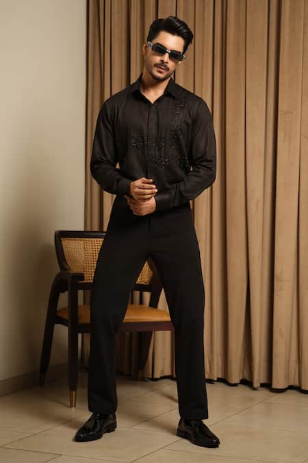 Shop_Runit Gupta_Black Vegan Silk Embroidery, Beads Midnight Maze Shirt _Online_at_Aza_Fashions